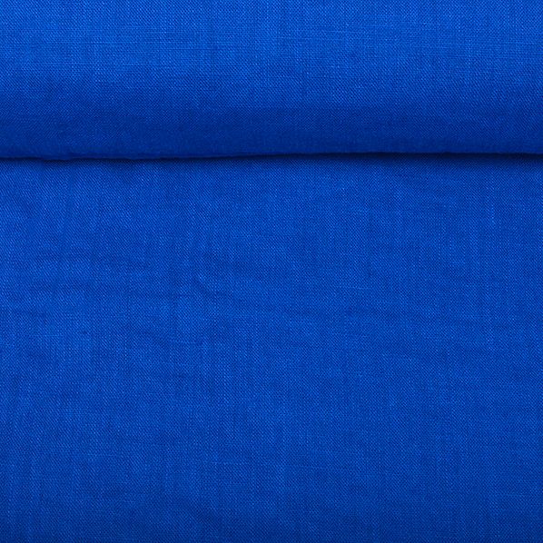 Washed linen fabric in royal blue, 195 g/m²