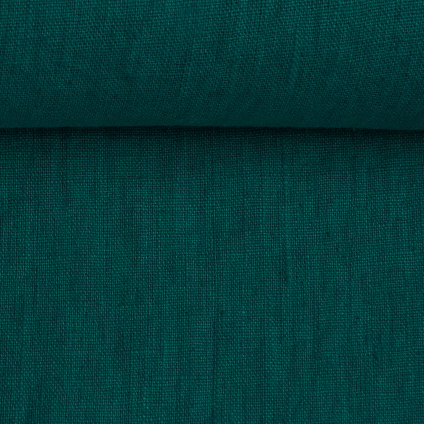 Washed linen fabric in dark turquoise colour, 205 g/m²