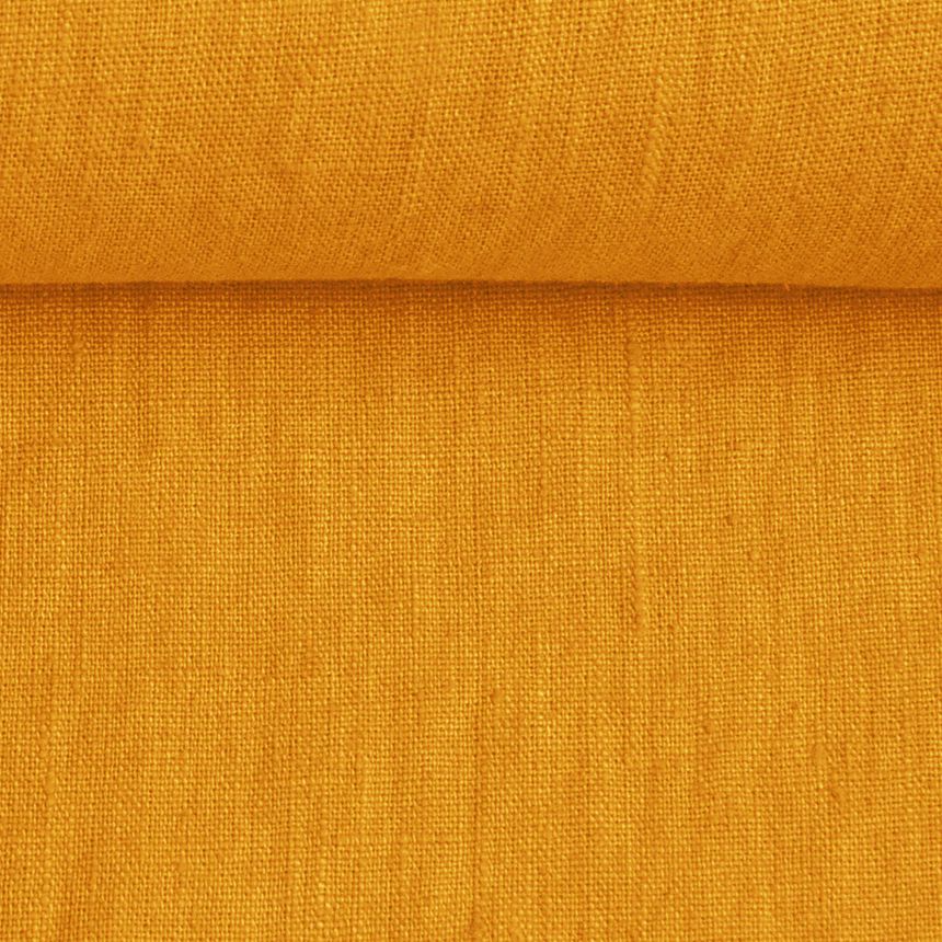 Washed linen fabric in mustard colour, 195 g/m²