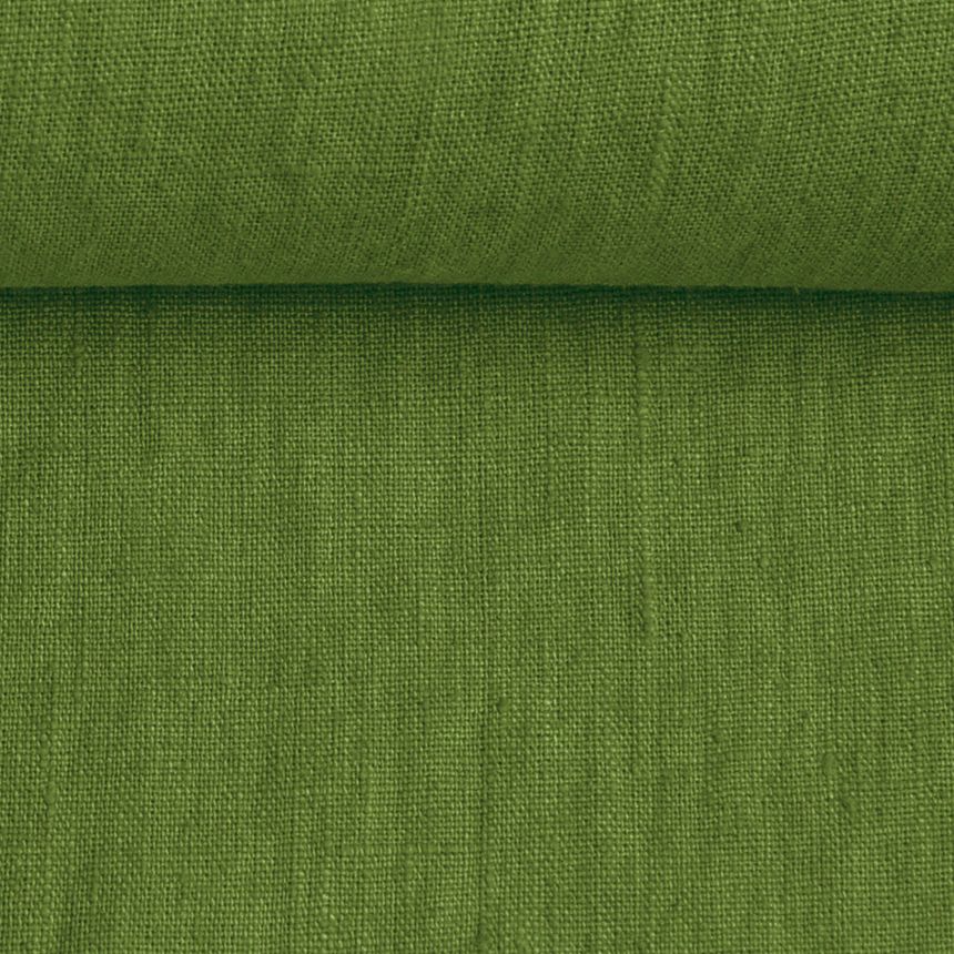 Washed linen fabric in moss green, 205 g/m²