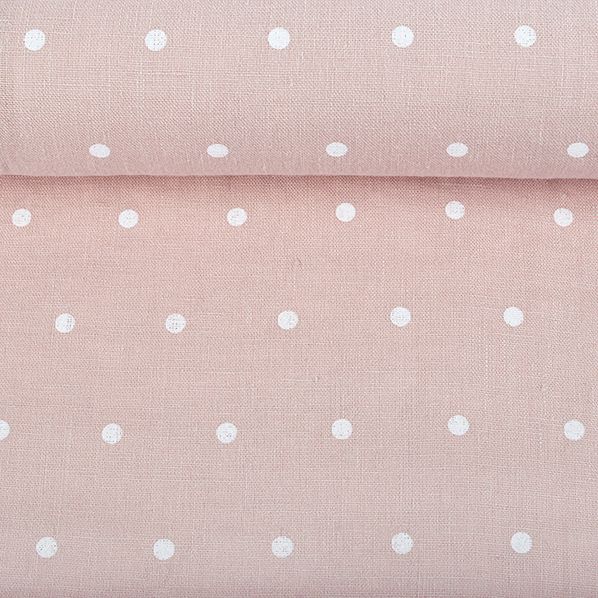 Washed soft pink linen fabric in white dots pattern, 195 g/m²