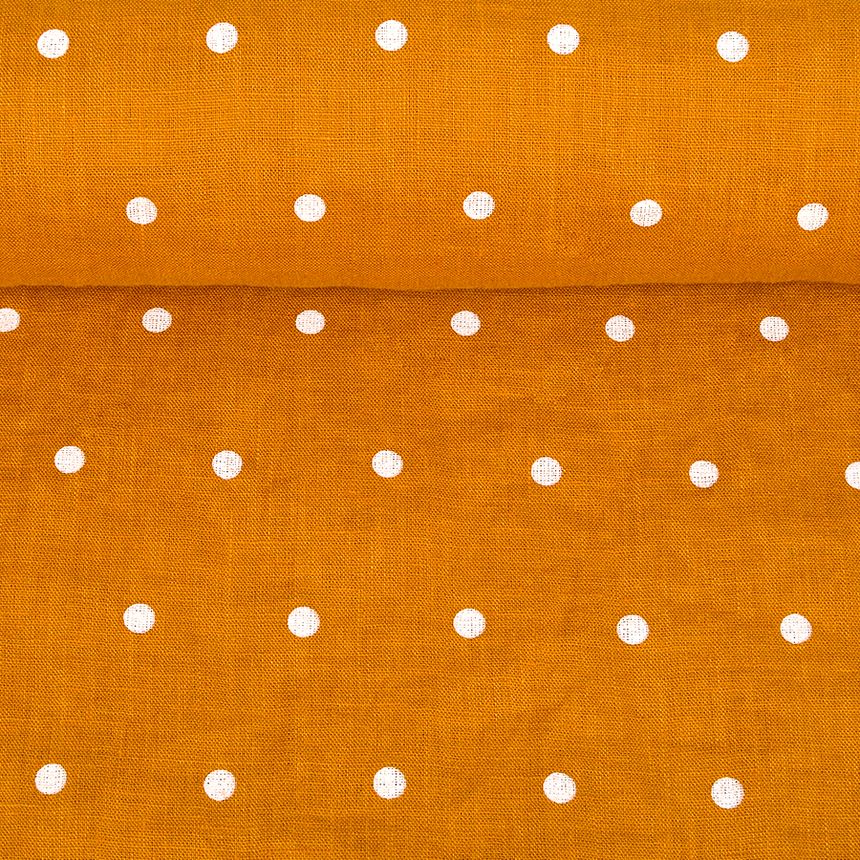 Washed mustard linen fabric in white dots pattern, 195 g/m²