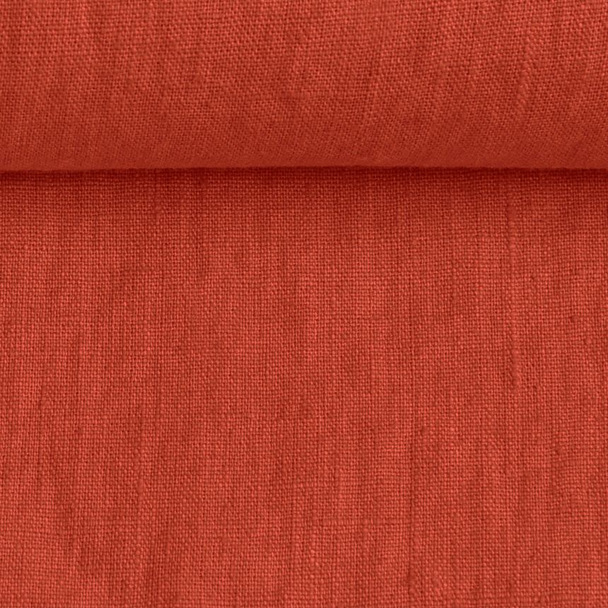Washed linen fabric in brick red, 195 g/m²