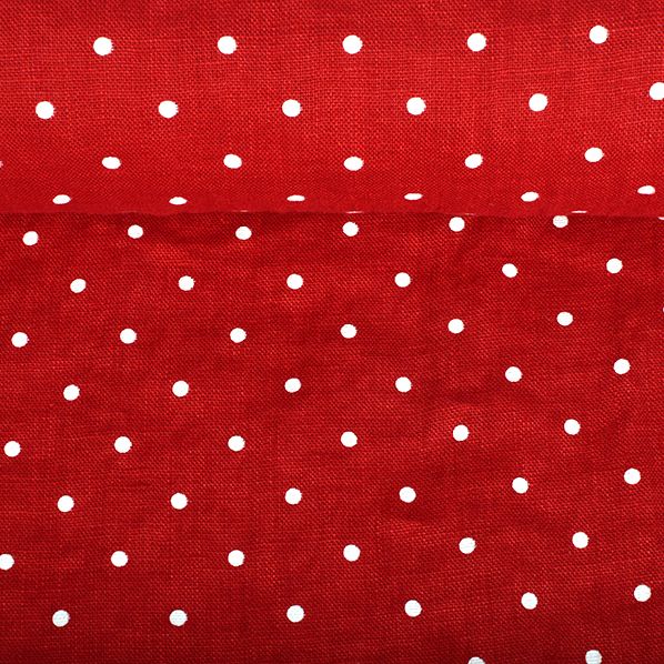 Washed red linen fabric with a white polka dot pattern, 195 g/m²