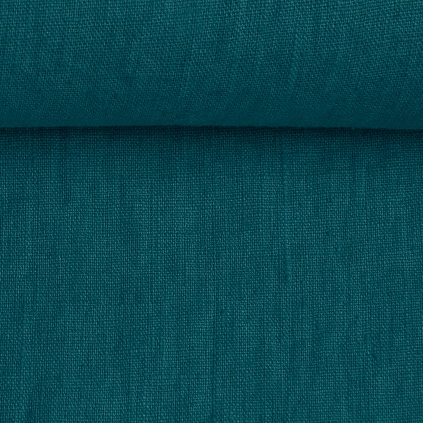 Washed linen fabric in dark sea blue, 195 g/m²