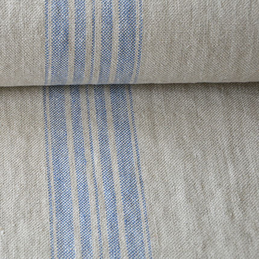 Washed linen fabric in blue stripes, 380 g/m²