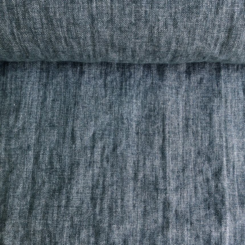 Washed linen melange fabric in blue, 195 g/m²