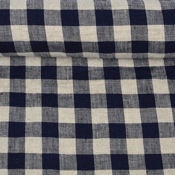Washed linen fabric in blue checks, 205 g/m²