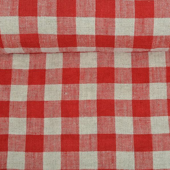 Washed linen fabric in red checks, 205 g/m²