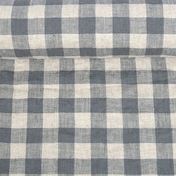 Washed linen fabric in grey checks, 205 g/m²