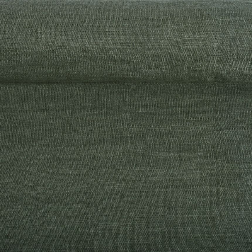 Washed linen fabric in moss green colour, 205 g/m²