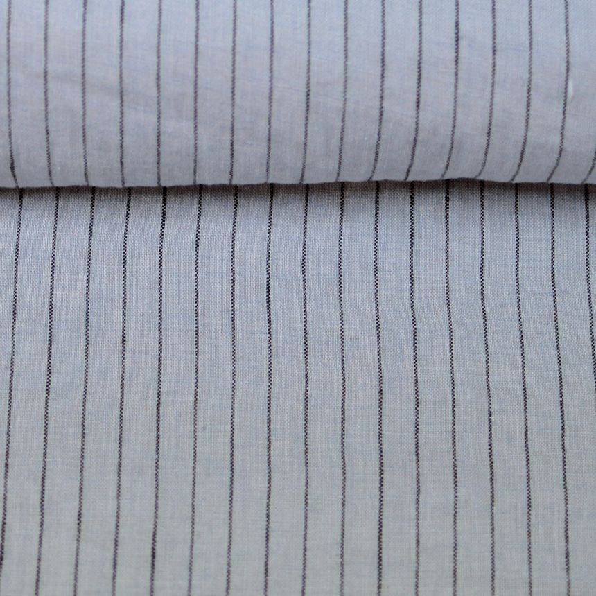 Washed grey linen fabric in stripes 195 g/m²