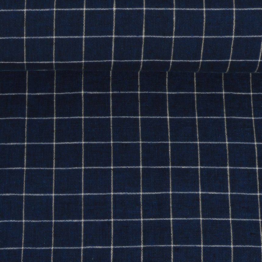 Washed dark blue linen melange fabric in checks, 195 g/m²