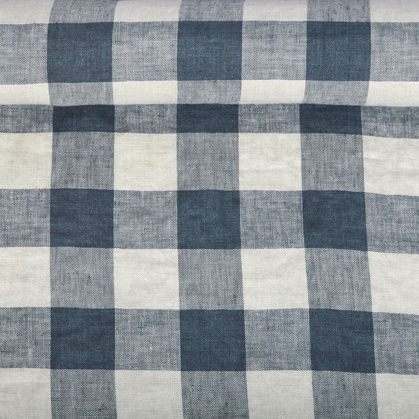 Washed linen fabric in cold grey checks, 195 g/m²
