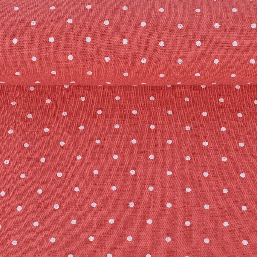 Washed pink linen fabric in white dots, 205 g/m²