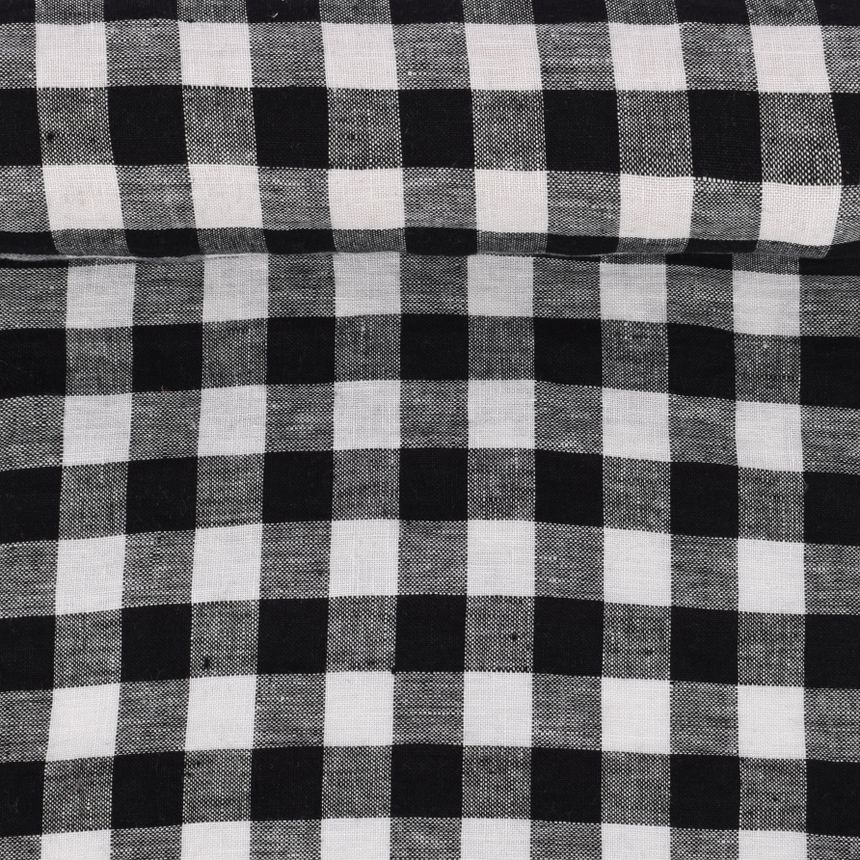 Washed linen fabric in black and white checks, 195 g/m²