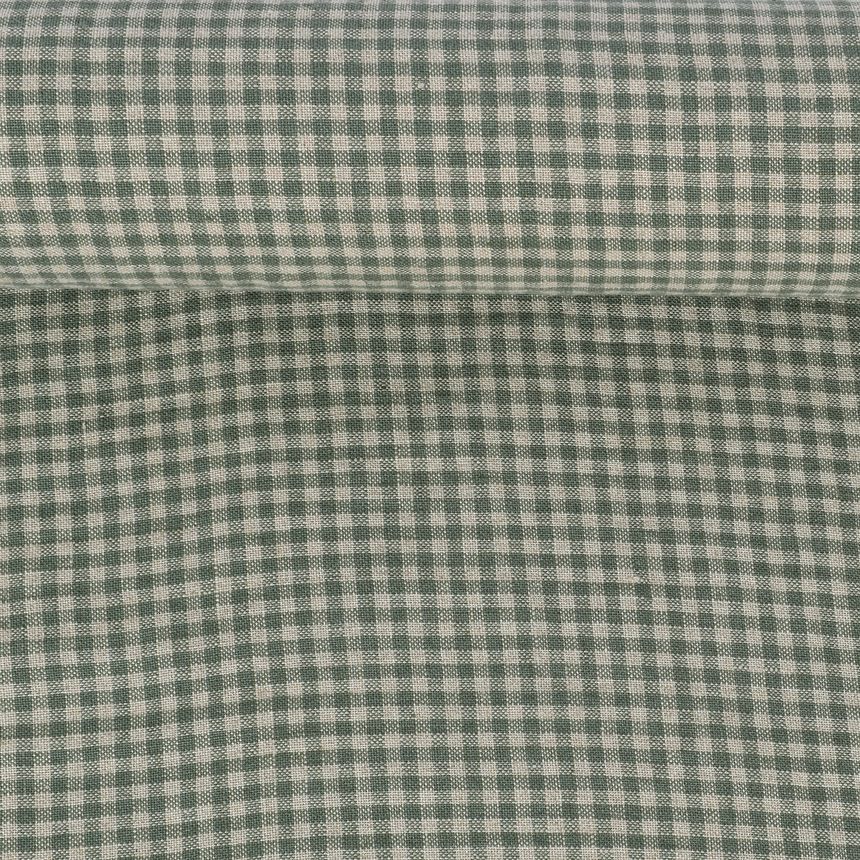 Washed linen fabric in greenish checks, 185 g/m²