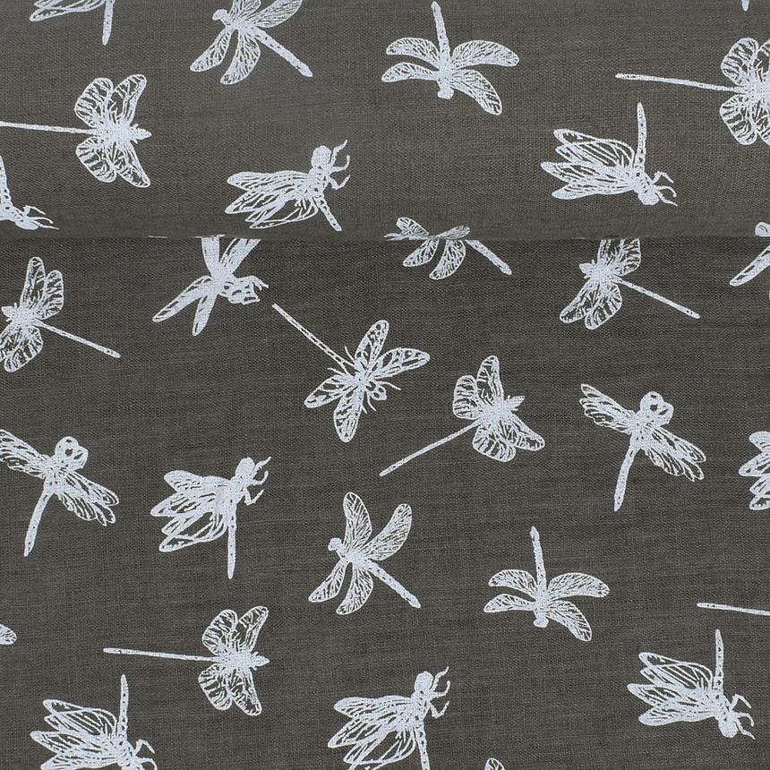 Washed warm gray printed fabric Dragonflies, 130 g/m²