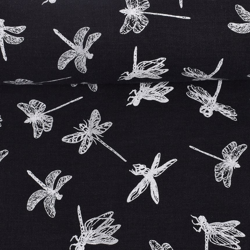 Softened black-blue printed fabric Dragonflies, 160 g/m²