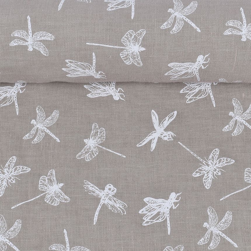 Washed nude colour printed fabric Dragonflies, 185 g/m²
