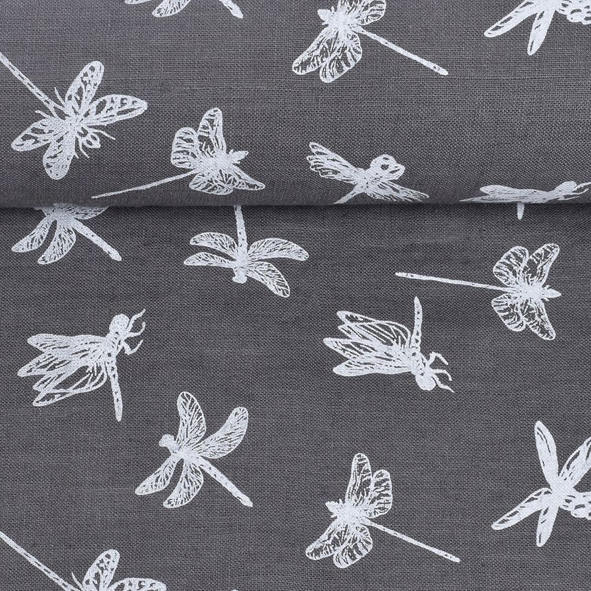 Softened gray printed fabric Dragonflies, 180 g/m²
