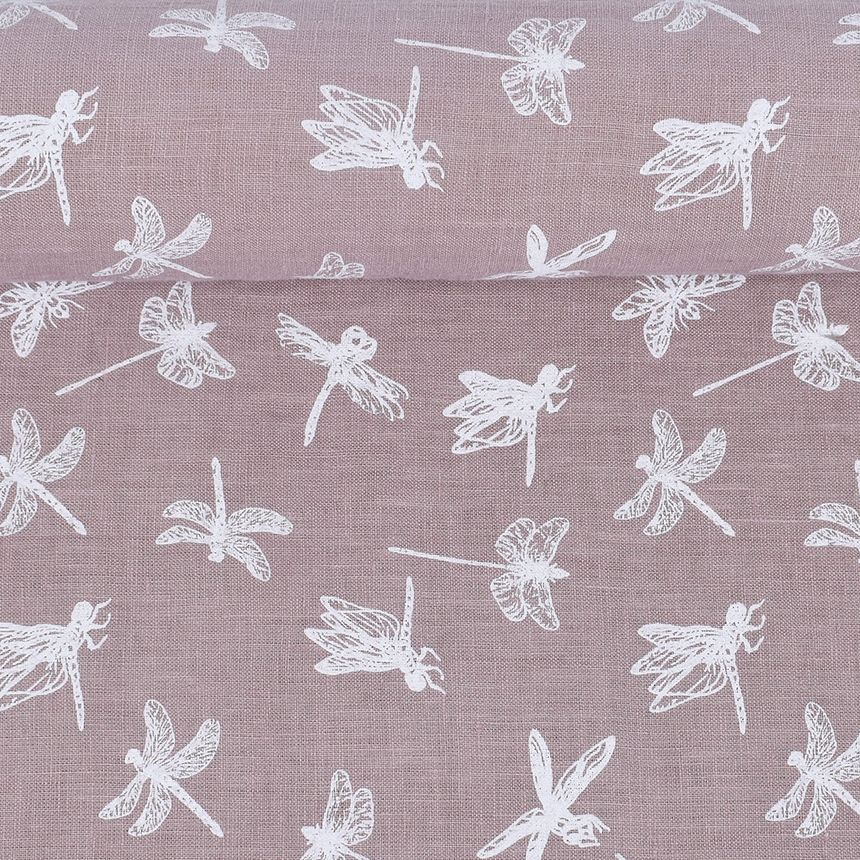 Washed dusty rose printed fabric Dragonflies, 160 g/m²