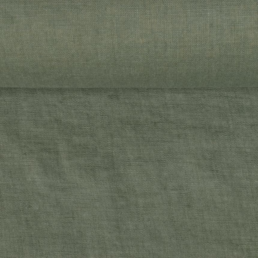 Washed green (khaki) color linen fabric, 130 g/m²