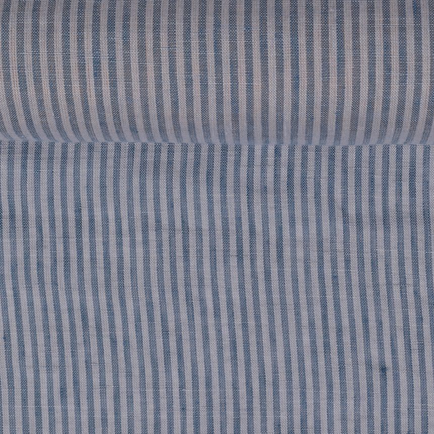 Washed blue striped linen fabric, 130 g/m²