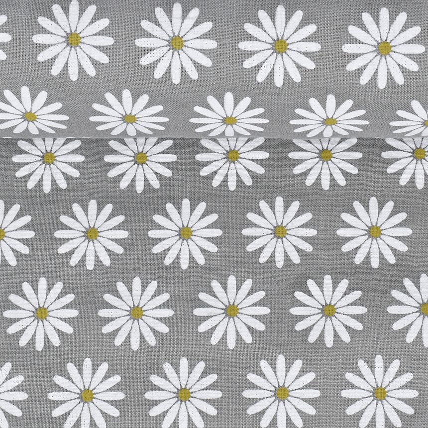 Softened grey printed fabric Chamomiles, 180 g/m²