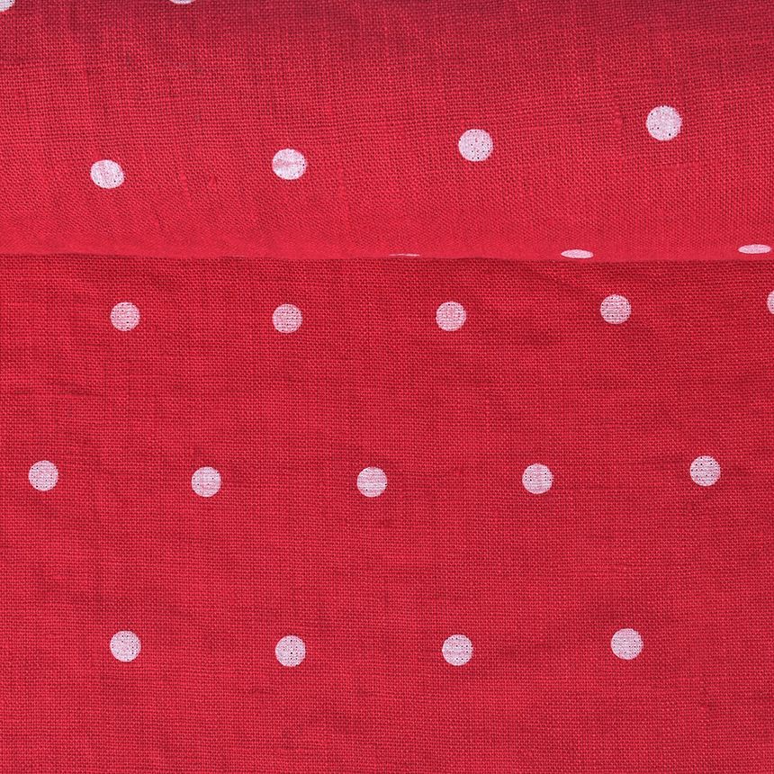 Washed linen fabric in cyclamen pink with white dots, 205 g/m²