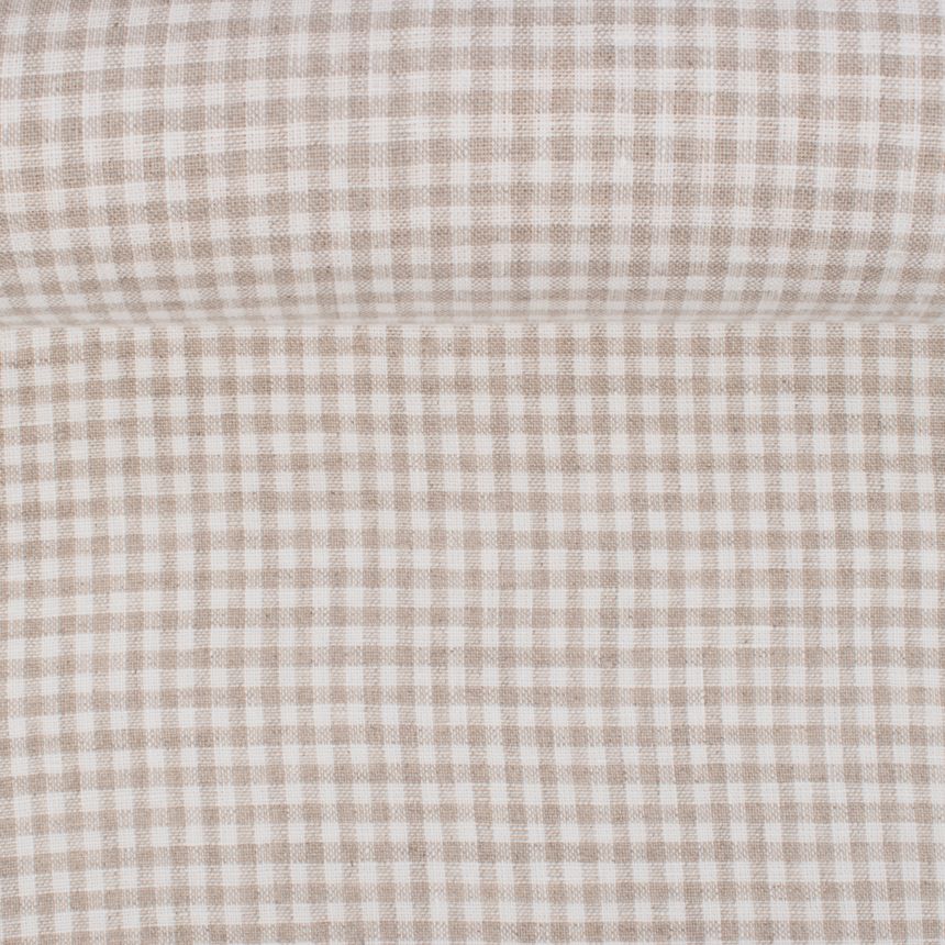 Washed natural color linen finely checkered fabric, 190 g/m²