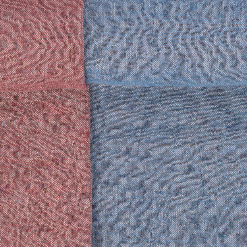 Washed double-sided sky blue and red color linen fabric with recycled yarns, 380 g/m²