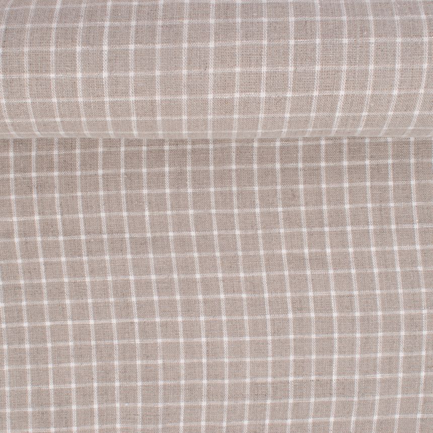 Washed checkered natural color linen fabric, 215 g/m²