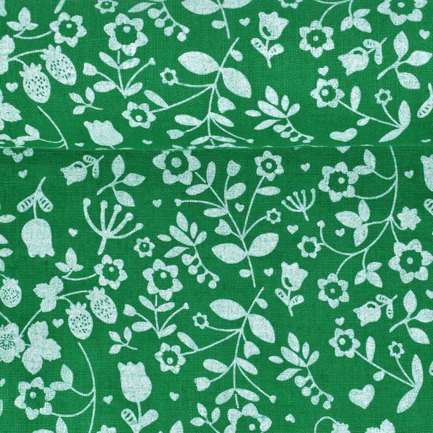 Minkštintas mėtinės žalios spalvos margintas lininis audinys Žemuogytės, 205 g/m²