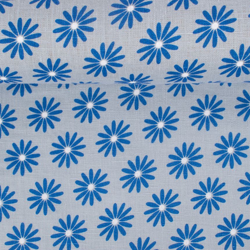 Softened light blue color printed fabric Chamomiles, 205 g/m²