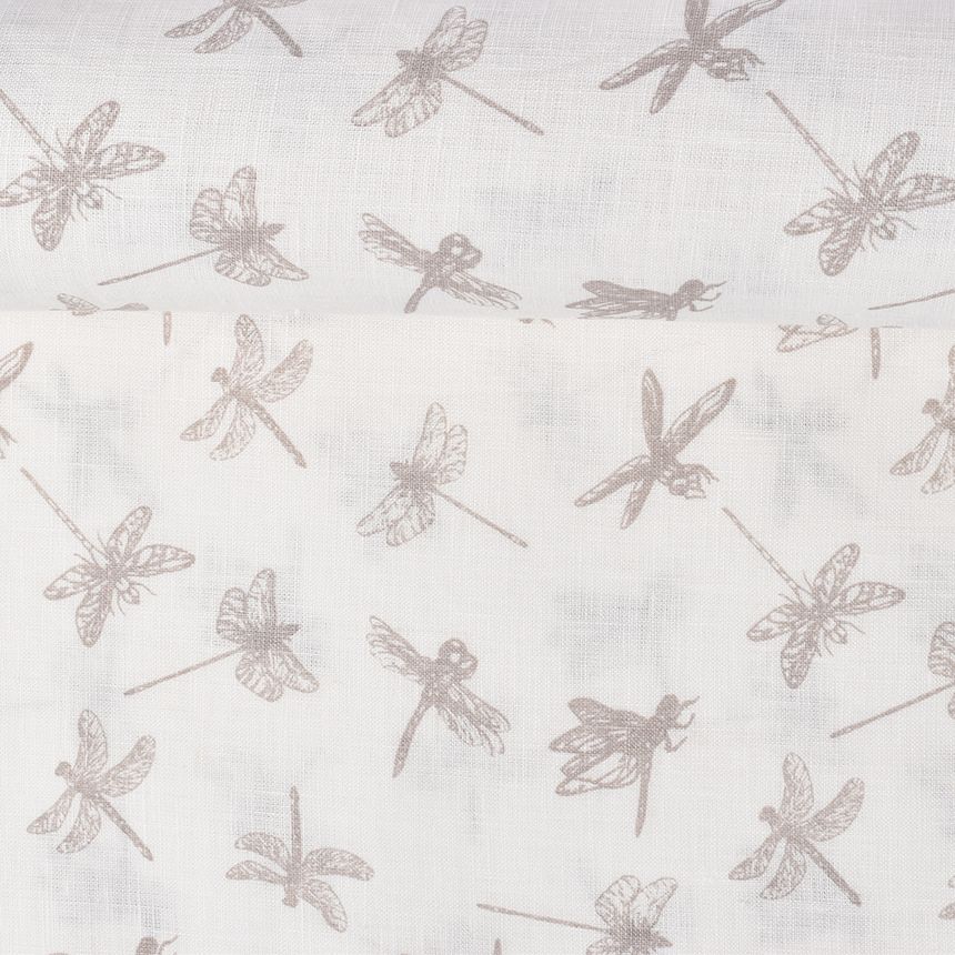 Washed white colour printed fabric Dragonflies, 160 g/m²