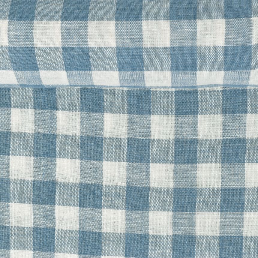 Washed checkered in white and blue linen fabric, 195 g/m²