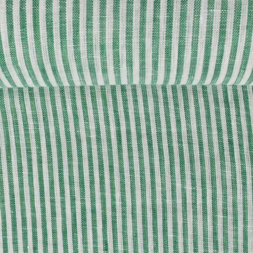 Washed striped in white and green linen fabric, 130 g/m²