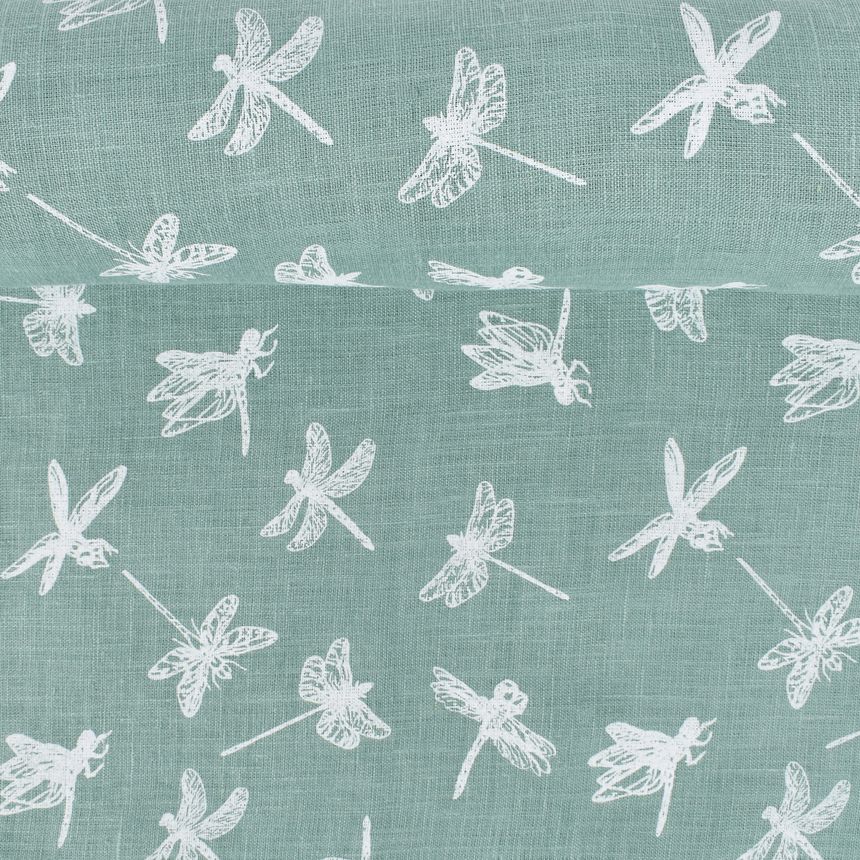 Washed mint colour printed fabric Dragonflies, 130 g/m²