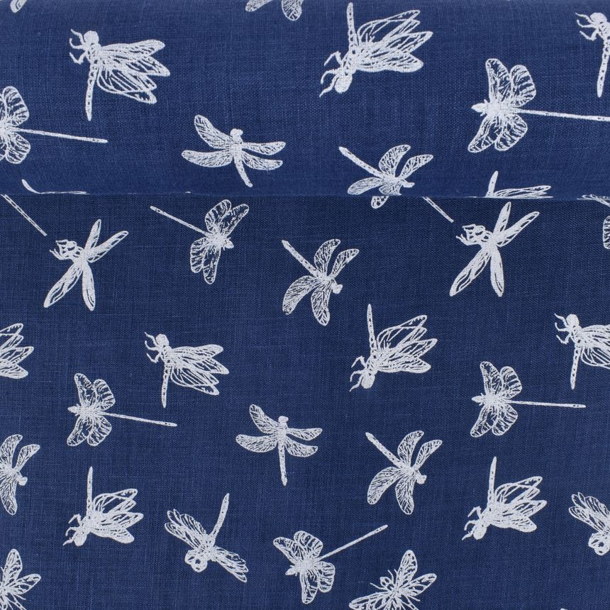 Washed blue color printed fabric Dragonflies, 130 g/m²