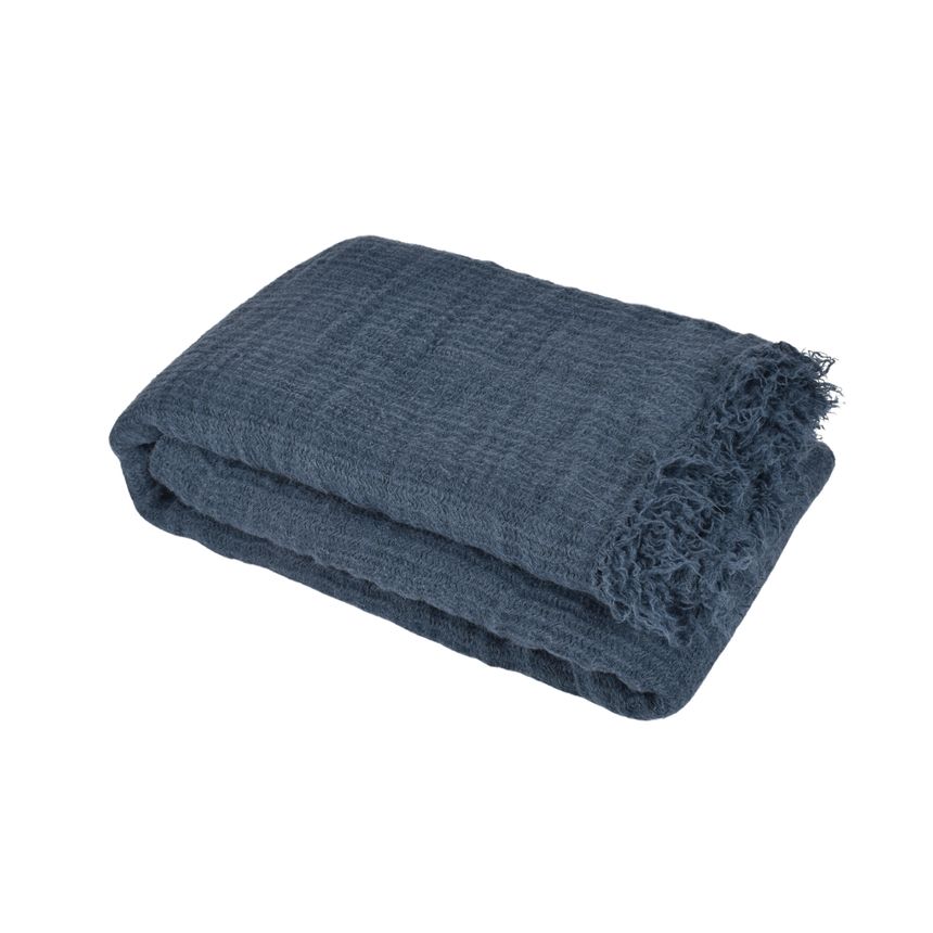Pale blue colour linen bed throw with fringes, 120x200 cm