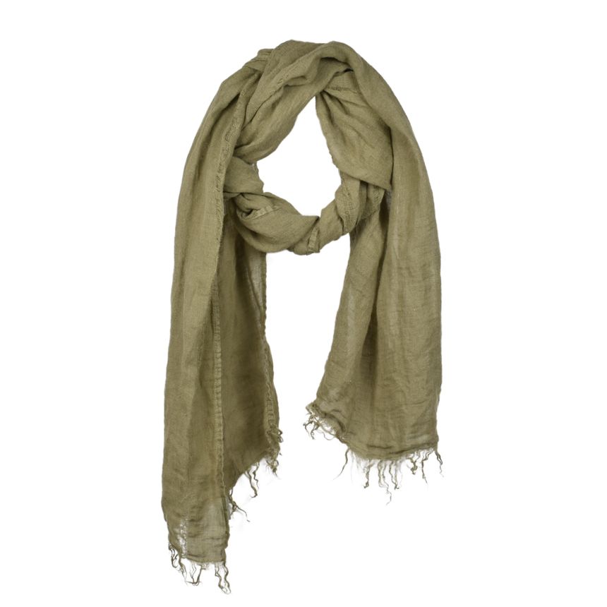 Thin olive green linen scarf with fringes and decorative stripes, 42x200 cm
