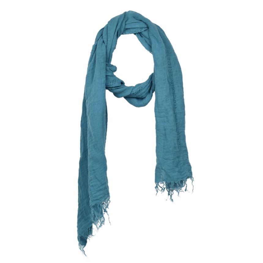Thin linen scarf with fringes and decorative stripes in teal colour, 42x200 cm