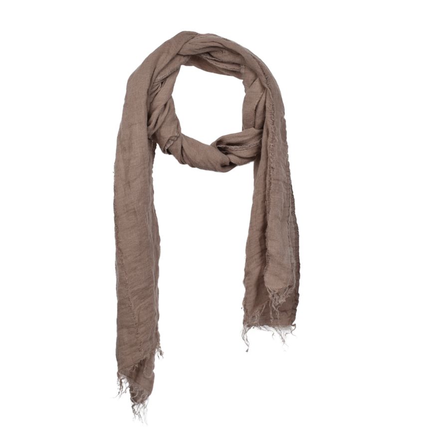 Thin pale brown linen scarf with fringes and decorative stripes, 42x200 cm