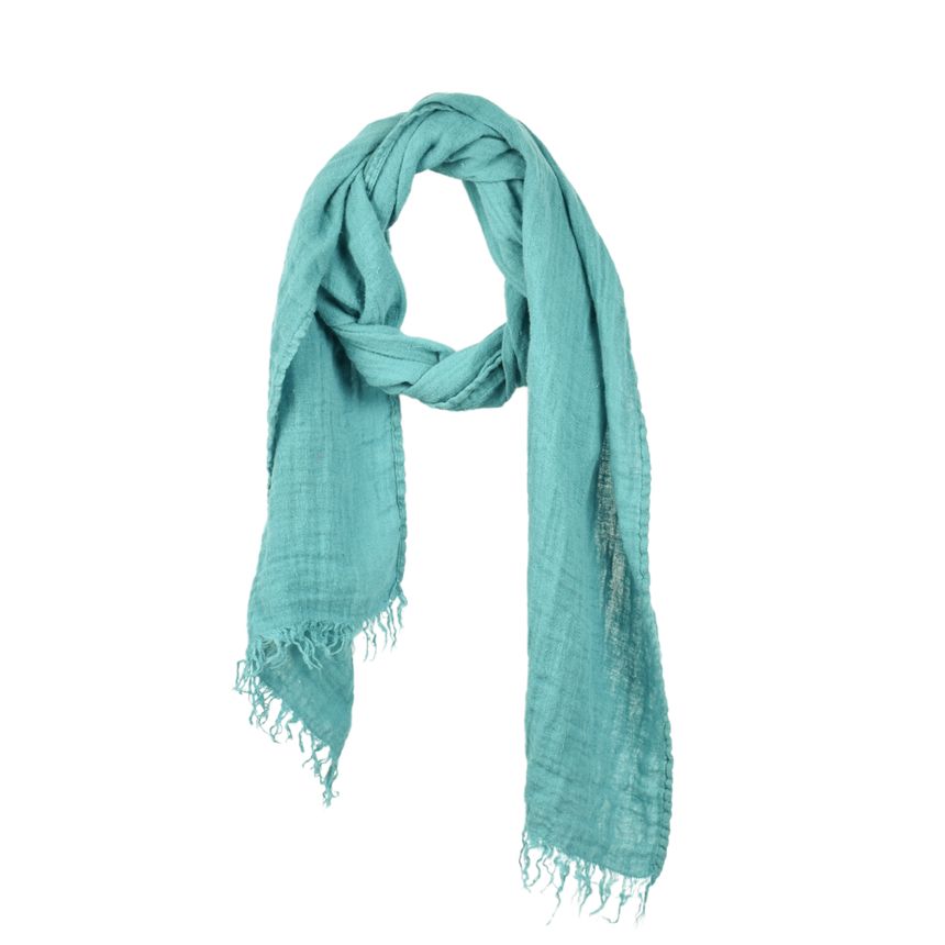 Linen scarf with fringes in teal color, 40x200 cm