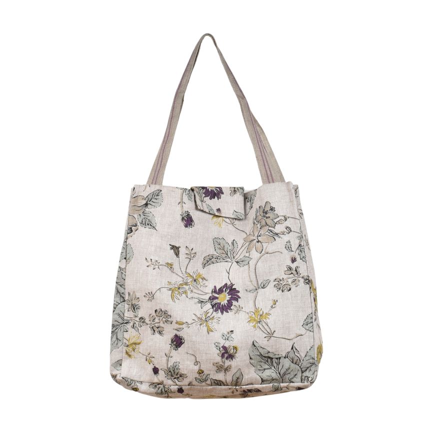 Linen bag with fastening, printed with flower motifs