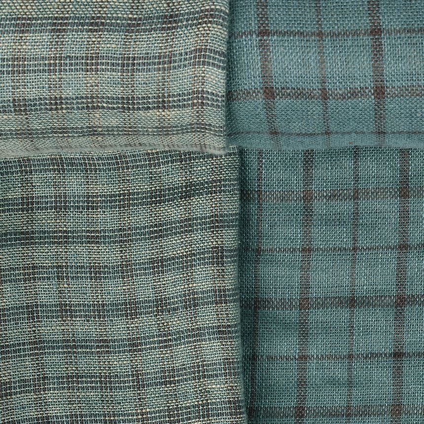 Washed checkered moss color linen fabric, 220 g/m²