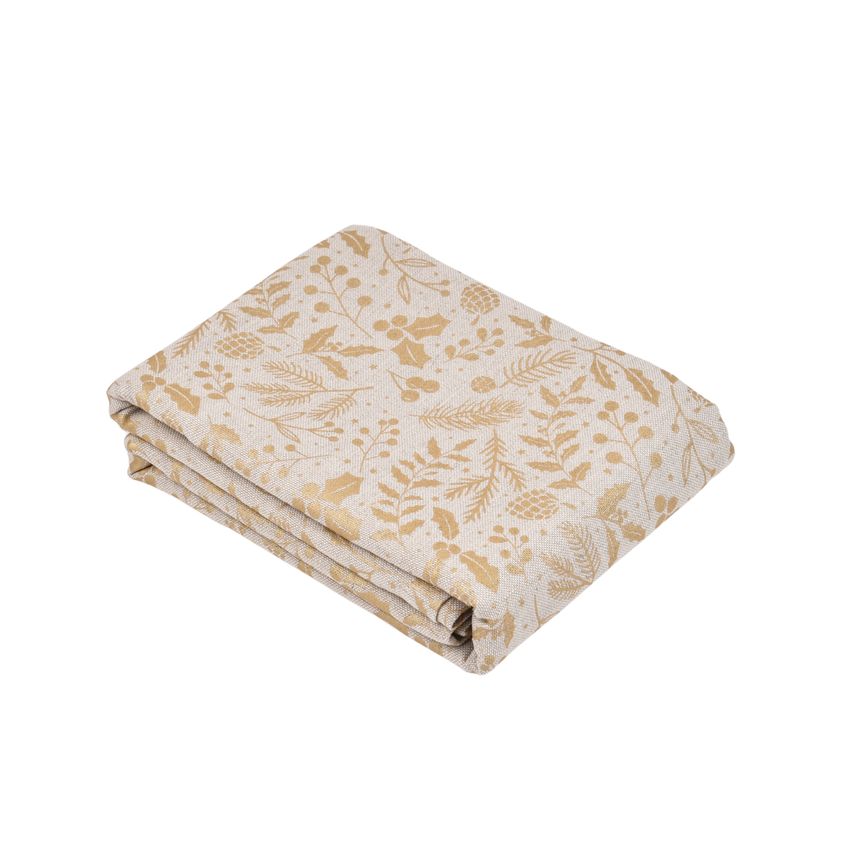 Natural color tablecloth Christmas greenery - golden print, two sizes