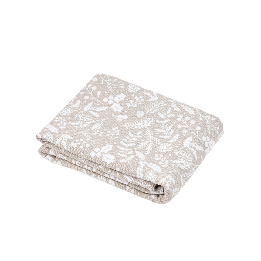 Natural color tablecloth Christmas greenery - white print, two sizes
