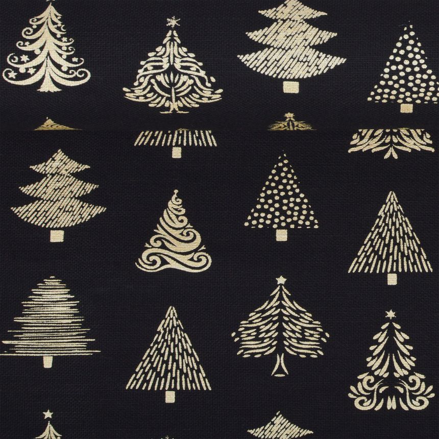 Semi-linen fabric in black with Christmas tree print, 240 g/m²